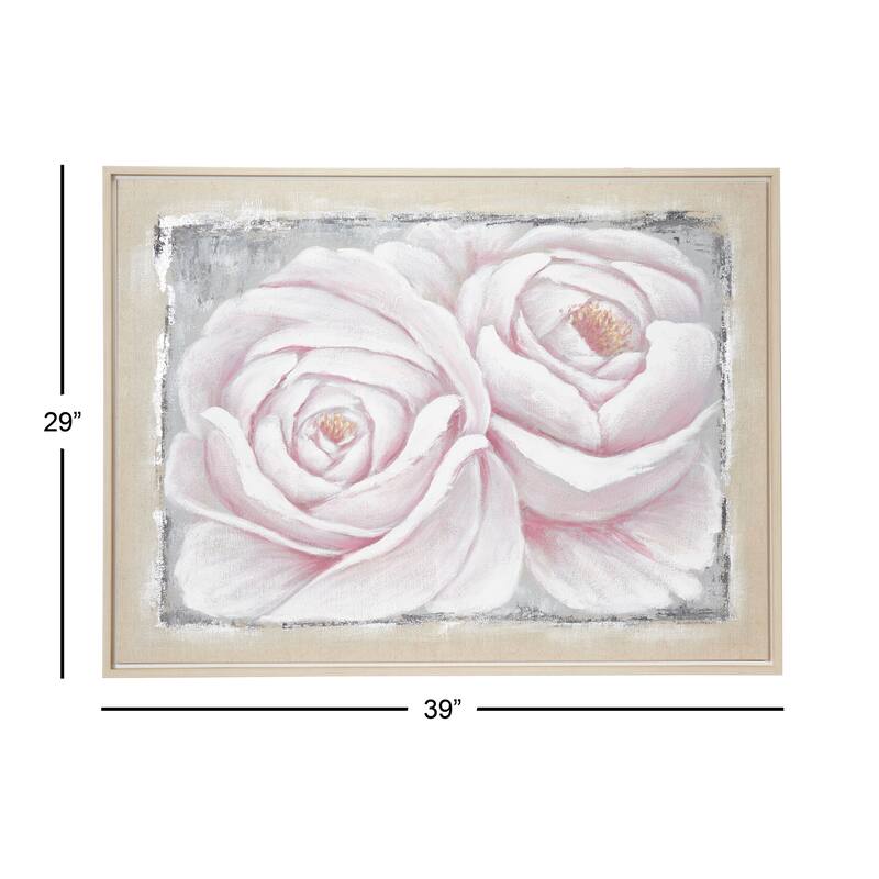Large White & Pink Roses Acrylic Painting on Canvas in Wood Frame 39.5 x 29.5