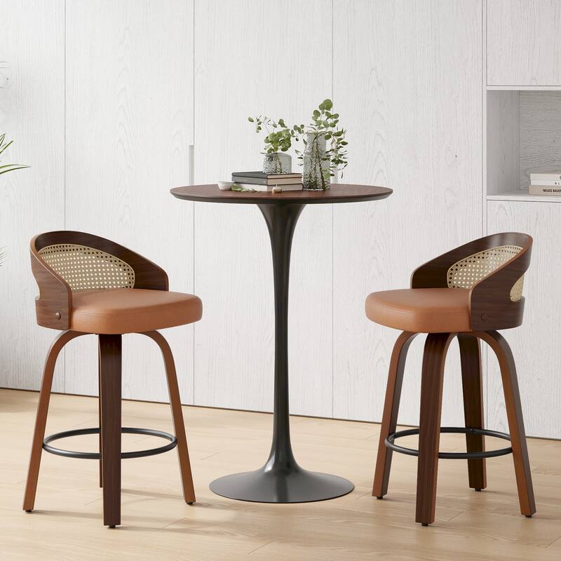 Swivel Bar Stools Set of 2, Modern Wood Frame with Rattan Back, PU Leather Stool for Kitchen Counter, Upholstered Barstools