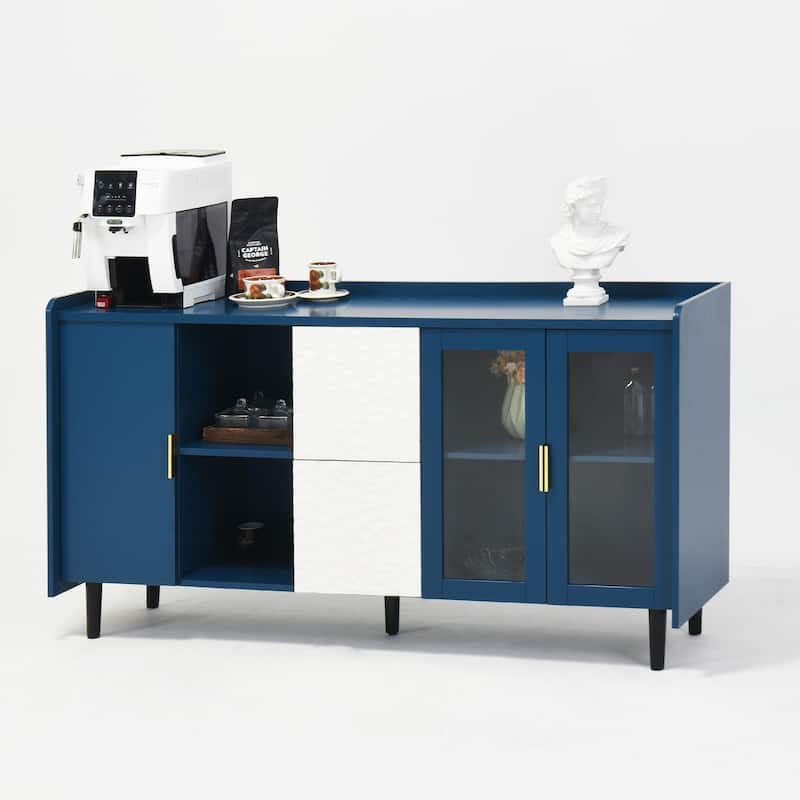 Modern Kitchen Pantry Storage Cabinet with Drawers and Glass Doors, Wood Buffet Table for Kitchen and Living Room