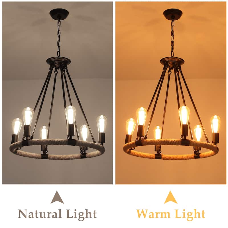 6-Light Farmhouse Chandelier, Modern Wagon Wheel Chandelier for Dining Room Living Room Bedroom Kitchen - W22.83"x H23.26"