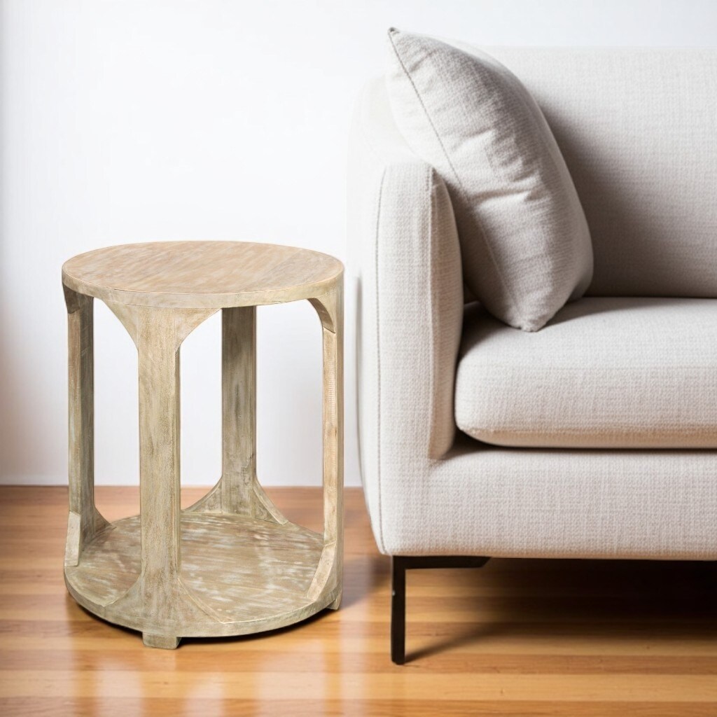 HomeRoots 24" Natural Distressed Solid Wood Round Frame End Table With Shelf - 20 in. x 24 in. x 20 in.