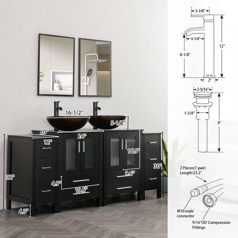 72" Bathroom Vanity Set Glass Ceramic Vessel Sink Side Cabinet Combo