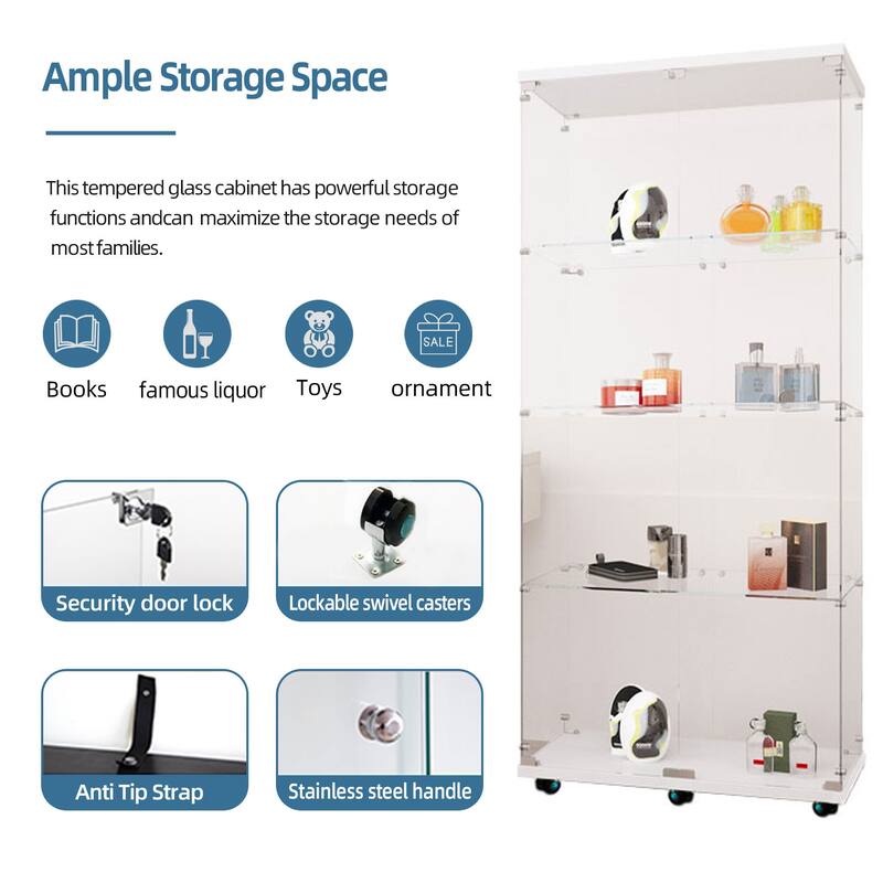Tempered glass display cabinet, storage cabinet,file cabinet,with Bluetooth LED light strip,lock on the door,equipped with cast