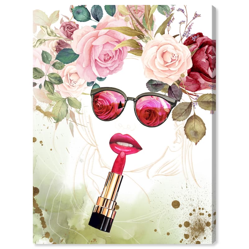 Wynwood Studio Fashion and Glam Flower Lips Pink and Pastel Pink Modern & Contemporary Wall Art Canvas Print
