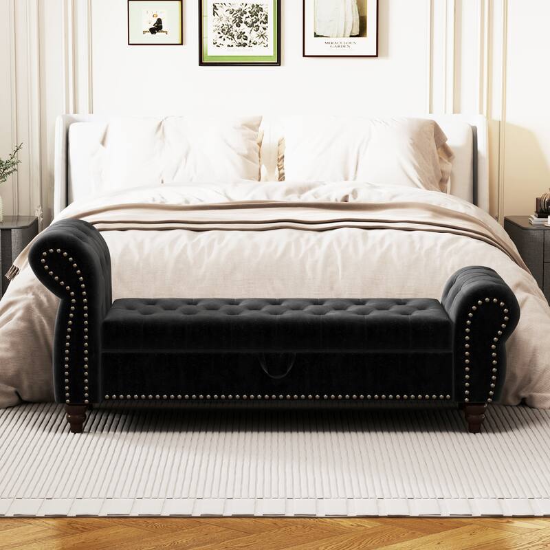 64.5" Bed Bench for Bed Room Nails Tufted Chaise of Lounge with Storage Velvet Upholstery Beige