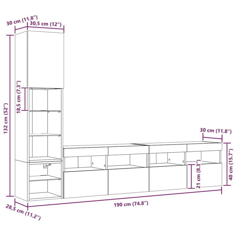 vidaXL TV Wall Units with LED Entertainment Center 4 Piece Engineered Wood - 11.8" x 11.2" x 11.8"