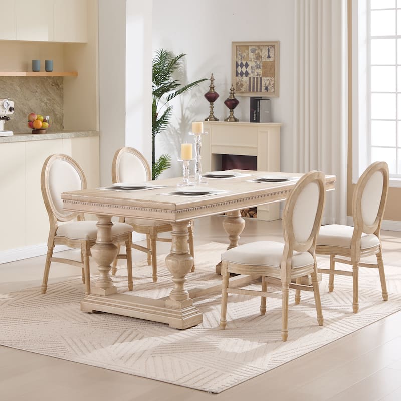 Fabric Dining Chairs Set of 2, Upholstered Kitchen Side Chairs, Accent Chair with Round Backrest & Solid Wood Legs