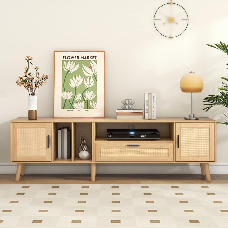 Rattan TV Stand Media Console Table for TVs up to 80", Entertainment Center with Solid Wood Legs, TV cabinet