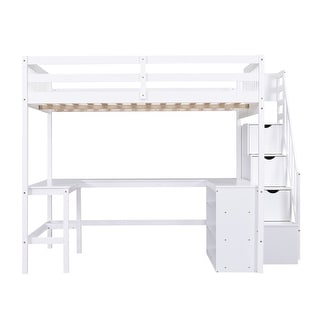 Solid Wood Full Size High Loft Bed with Desk & Storage Staircase,White