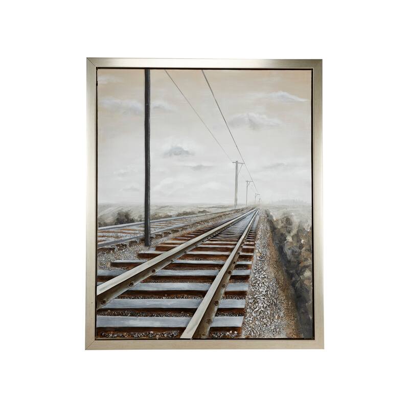 Canvas Landscape Railroad Framed Wall Art with Silver Frame - Gray - Roche River Decor