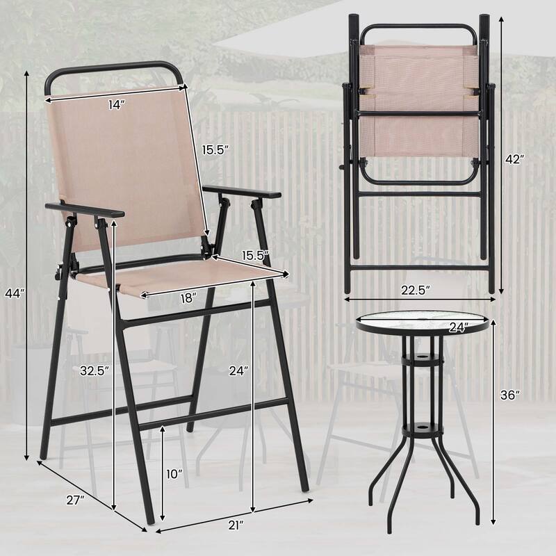 3 PCS Outdoor Bistro Set Patio Bar Table with 2 Folding Chairs