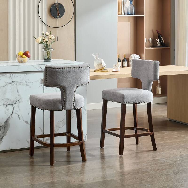 Mid Century Modern Counter Height Bar Stools Set of 2, Farmhouse Linen Fabric Upholstered Accent Chair Curved Backrest - Gray