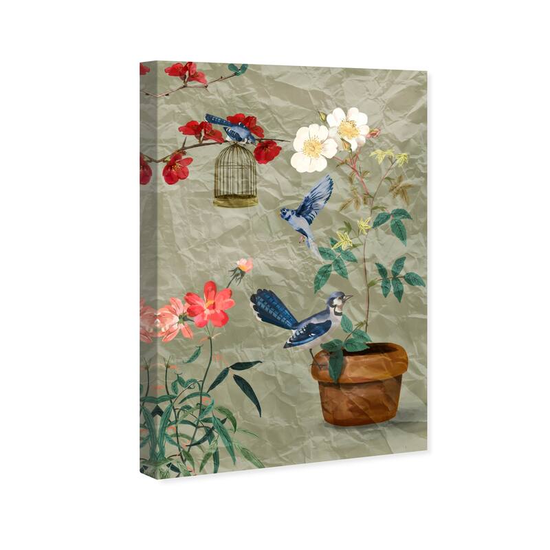 Wynwood Studio Canvas Floral and Botanical Blue Birds Trio Gray and Traditional Wall Art Canvas Print