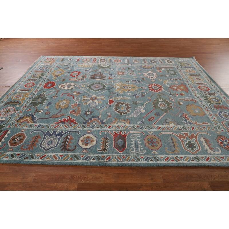 Floral Blue Oushak Oriental Area Rug Hand-Knotted Wool Carpet - 8'1"x 9'11"