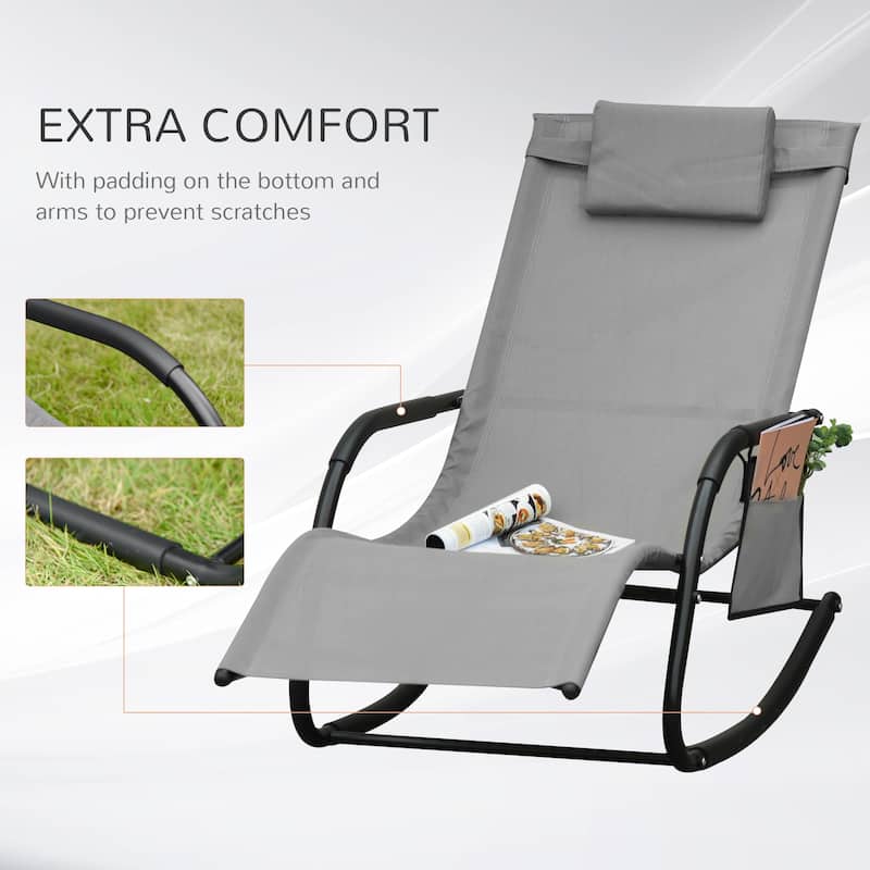 Outdoor Rocking Chaise Lounge Chair with Headrest Armrests and Side Pocket Breathable Mesh Recliner - 59" L x 24.5" W x 34.75" H