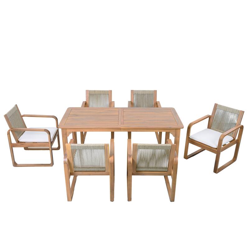 Christopher Knight Home - Ronan Outdoor Acacia Wood Dining Set with Rope Back Chairs & Curved Leg Dining Table, Teak Finish