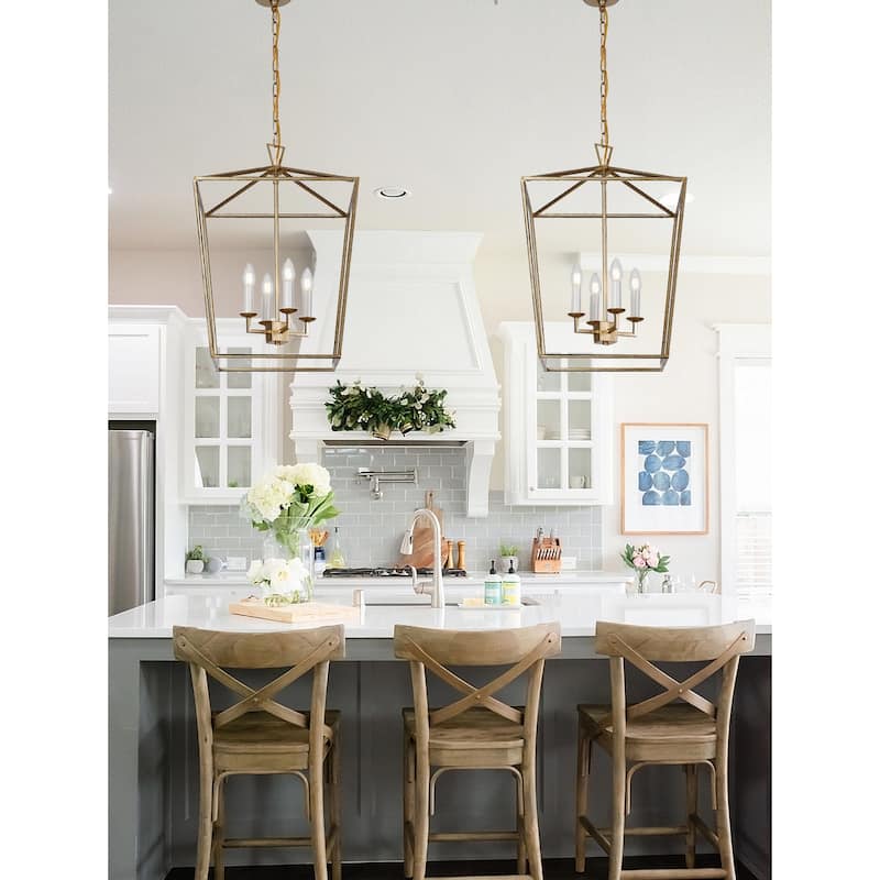H25 X W17 Gold or Black Cage Large Lantern Iron Art Design Candle-Style Chandelier Pendant, Ceiling Light Fixture
