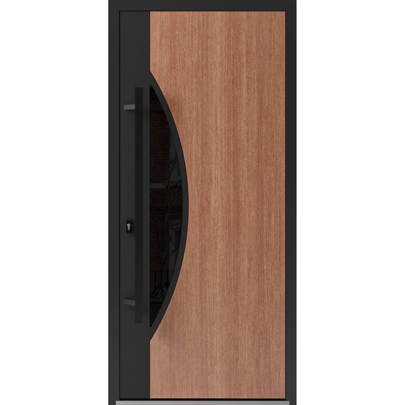 Front Exterior Prehung Steel Door Ronex 1077 Teak Entry Metal Painted W36xH80 Left hand Inswing - Taupe - 36 x 80
