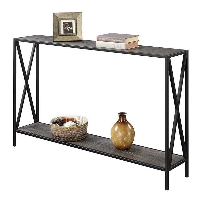 Weathered Grey Wood Console Sofa Table with Bottom Shelf and Metal Frame - 47.2"L x 9'W x 29"H