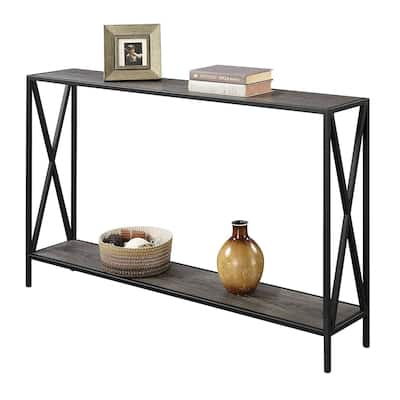 Weathered Grey Wood Console Sofa Table with Bottom Shelf and Metal Frame - 47.2"L x 9'W x 29"H