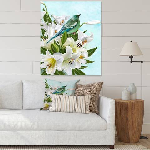 Designart "Little Blue Bird With White Flowers Lilies" Cabin & Lodge Canvas Wall Art Print