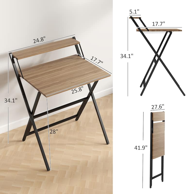 HOMCOM Small Folding Desk, 27.6 Inch Foldable Computer Desk with Monitor Shelf, Space Saving Portable Writing Table