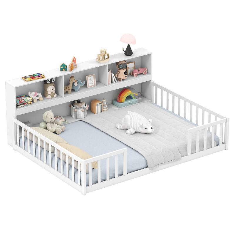 Full Size Montessori Floor Bed with Safety Rails & Built-in Bookshelf