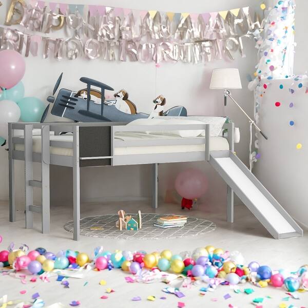 slide 2 of 9, Full Size Loft Bed With Slide,Stair and Chalkboard for Home Grey