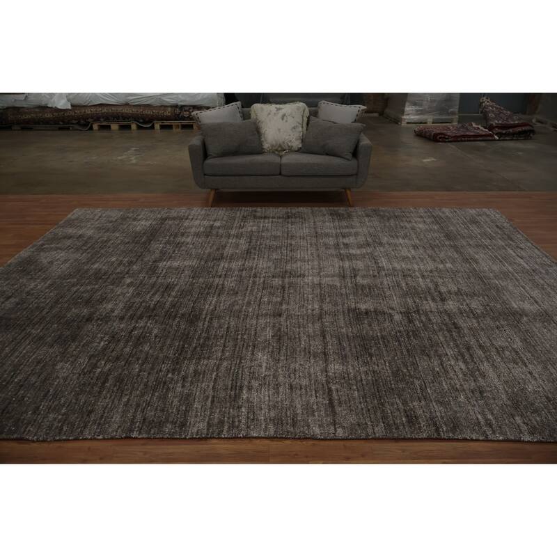 Hand Knotted Oriental Silk Carpet Tribal Contemporary Greys & Charcoal Gabbeh Area Rug - 12' 11'' X 9' 6''