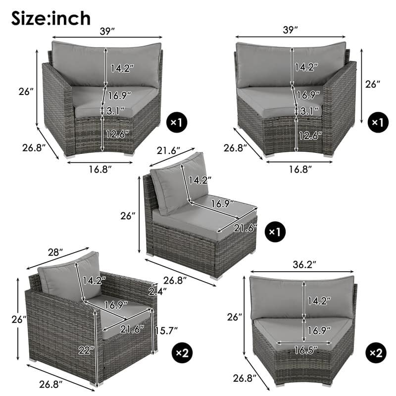 9-Piece Outdoor Half-Moon Patio Sofa Set, Wicker Sectional Sofa with Nesting Coffee Table, Rattan Conversation Set