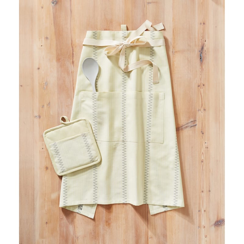 Natural Living Cafe Apron Citron Bamboo Cotton Kitchen Apron With 2 Pockets And Waist Ties Farmhouse Design, Cream