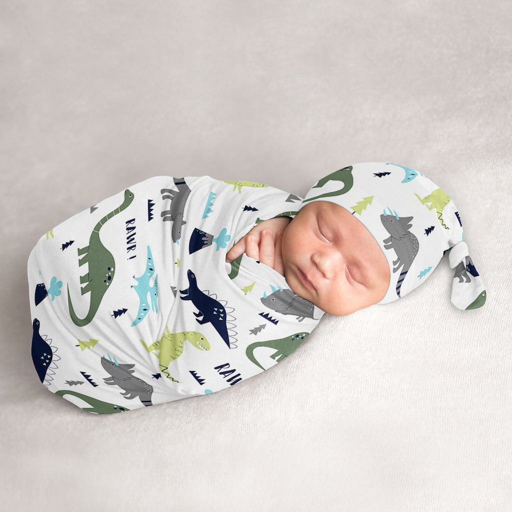 Mod Dino Collection Boy Baby Cocoon and Beanie Hat Sleep Sack - 2pc Set - Blue, Green and Grey Modern Dinosaur