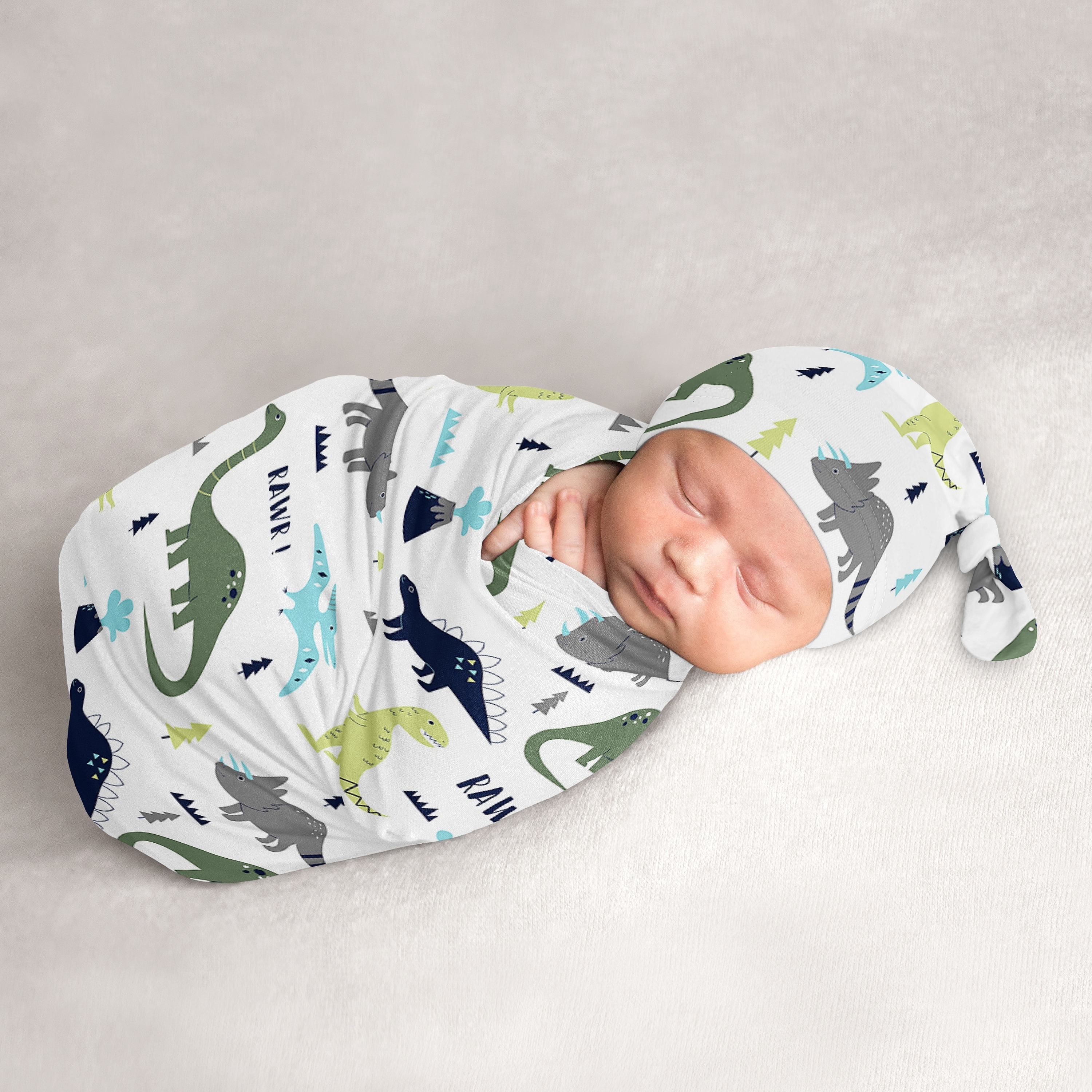 Mod Dino Collection Boy Baby Cocoon and Beanie Hat Sleep Sack - 2pc Set - Blue, Green and Grey Modern Dinosaur