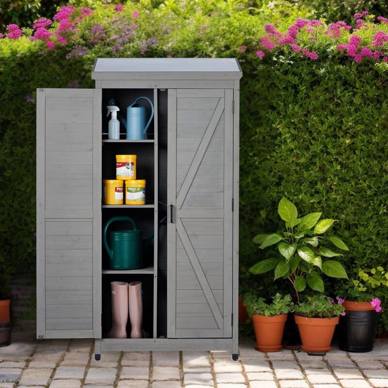 Outdoor Wooden Storage Shed with Metal Top Tall Vertical Tool Cabinet for Backyard Garden Patio Lawn
