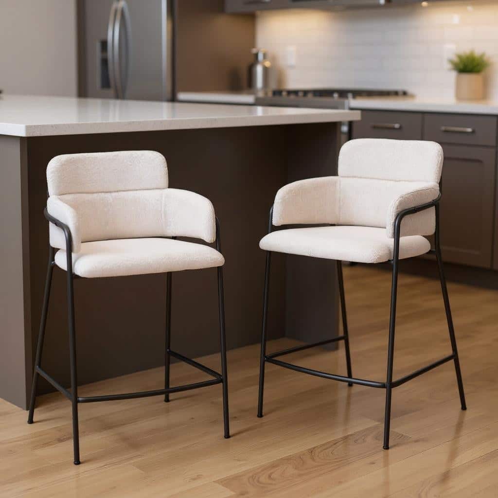 HomeRoots Set of Two 26" Cream and Black Faux Shearling and Steel Counter Height Bar Chairs