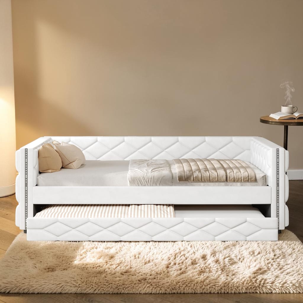 Full XL Upholstered Daybed with Trundle and LED Lights, PU Leather Sofa Bed Frame, No Box Spring Needed