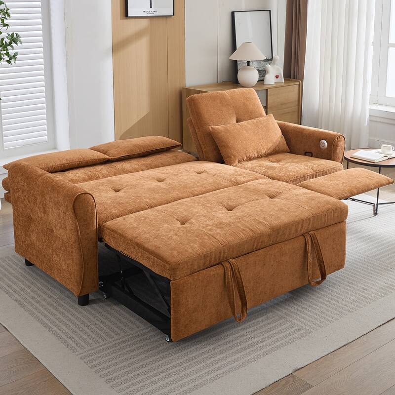 82" 2-in-1 Orange Chenille Three-seater Sofa with Sofa Bed, Reversible Recliner & USB Ports