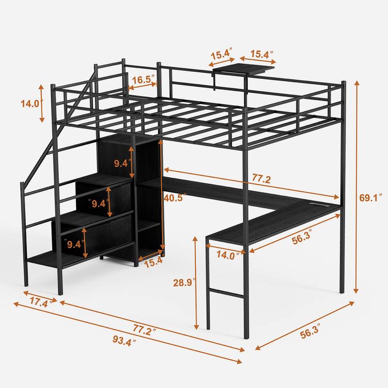 Full Size Metal Loft Bed with L-shaped Desk, LED Lights, Charging Cradle, Wardrobe, and Drawers