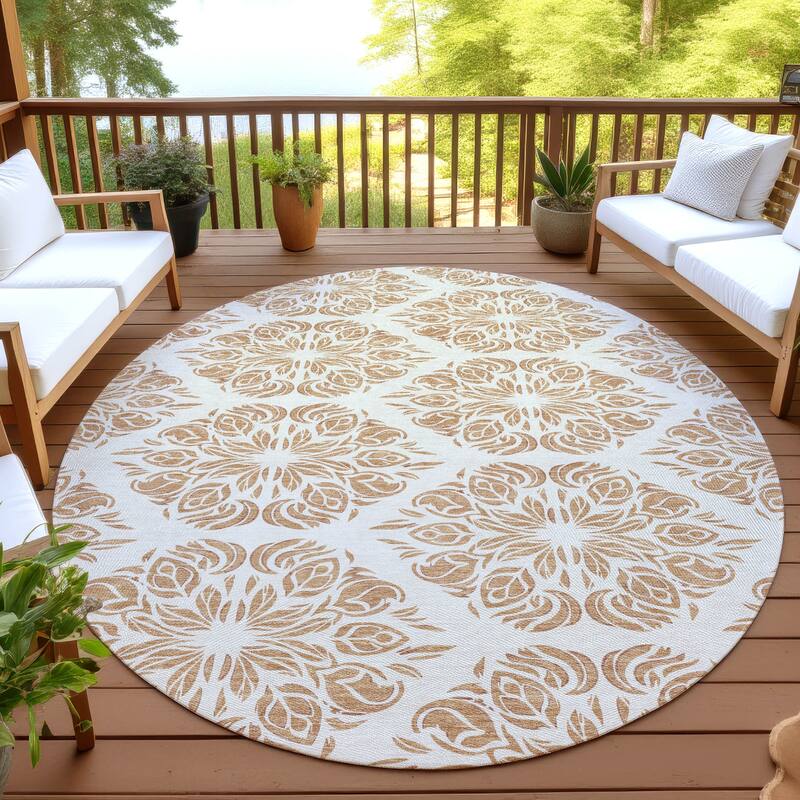 Machine Washable Indoor/ Outdoor Damask Pearl Chantille Rug - Copper - 8' x 8'