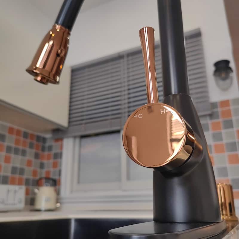 One-Handle Matte Black and Rose Gold Pull Down Kitchen Faucet with Deck Plate - 5 Years Warranty - 16x8.2
