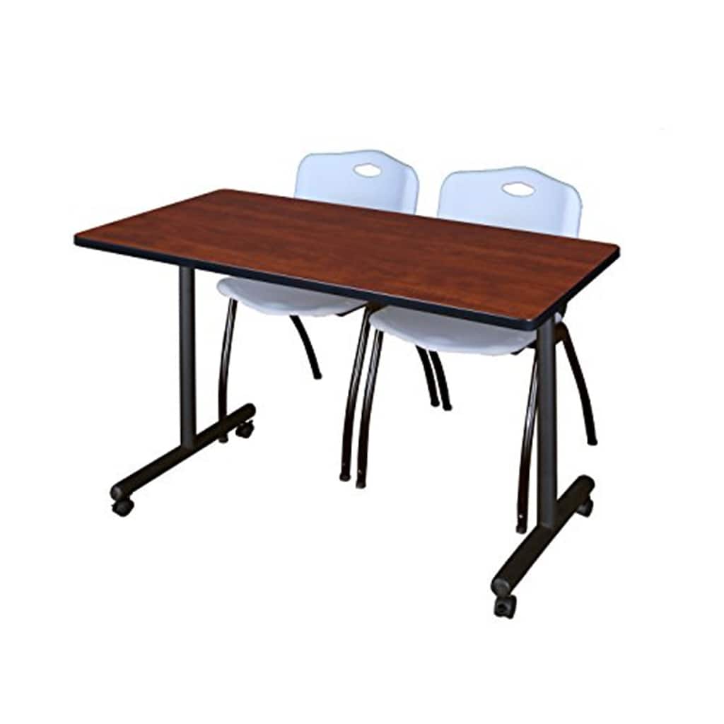 48" x 24" Mobile Training Table- Cherry & 2 'M' Stack Chairs- Grey