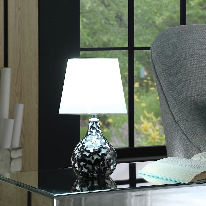 Black Resin Geometric Table Lamp with White Linen Globe Shade - 6.75” x 6.75” x 11.5” (D x W x H)