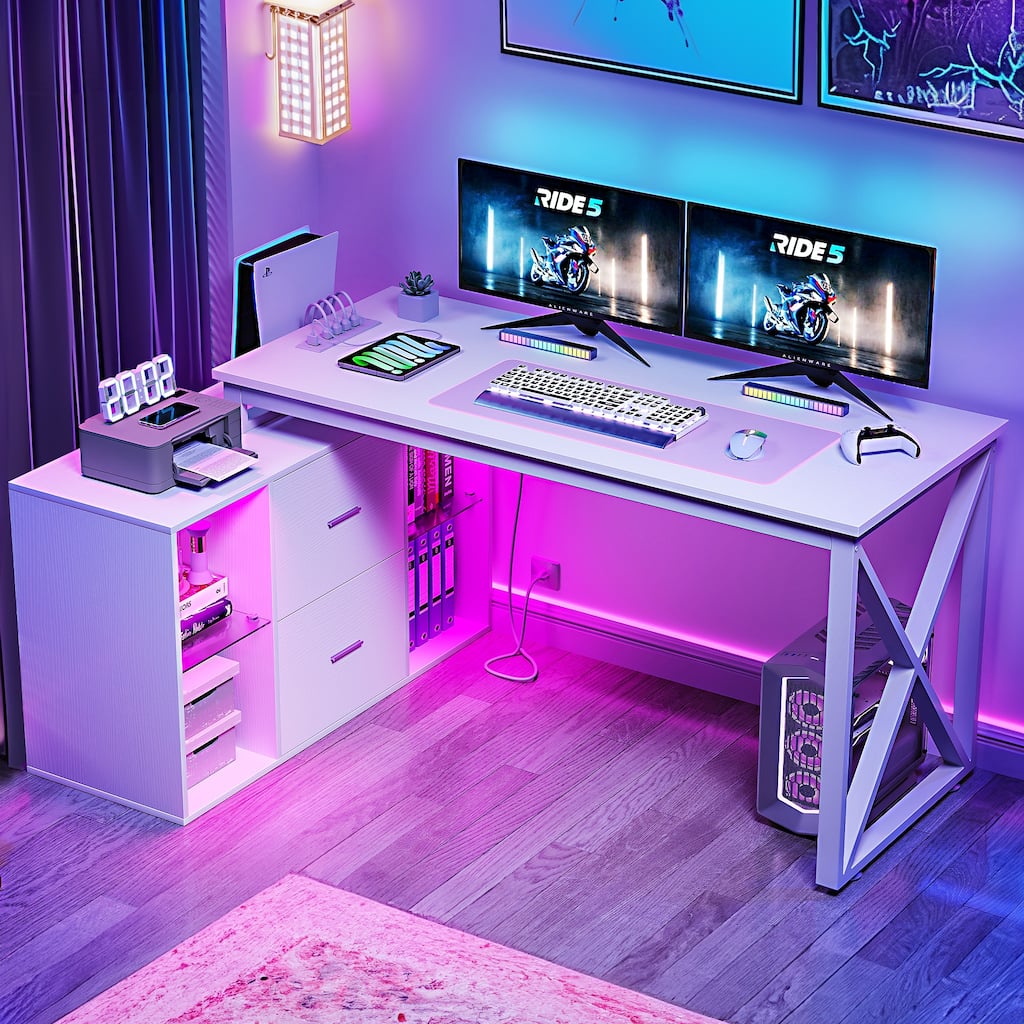 Moasis 55" Reversible L Shaped Gaming Desk with Power Outlets & LED Light Corner Computer Desk with Filing Cabinet