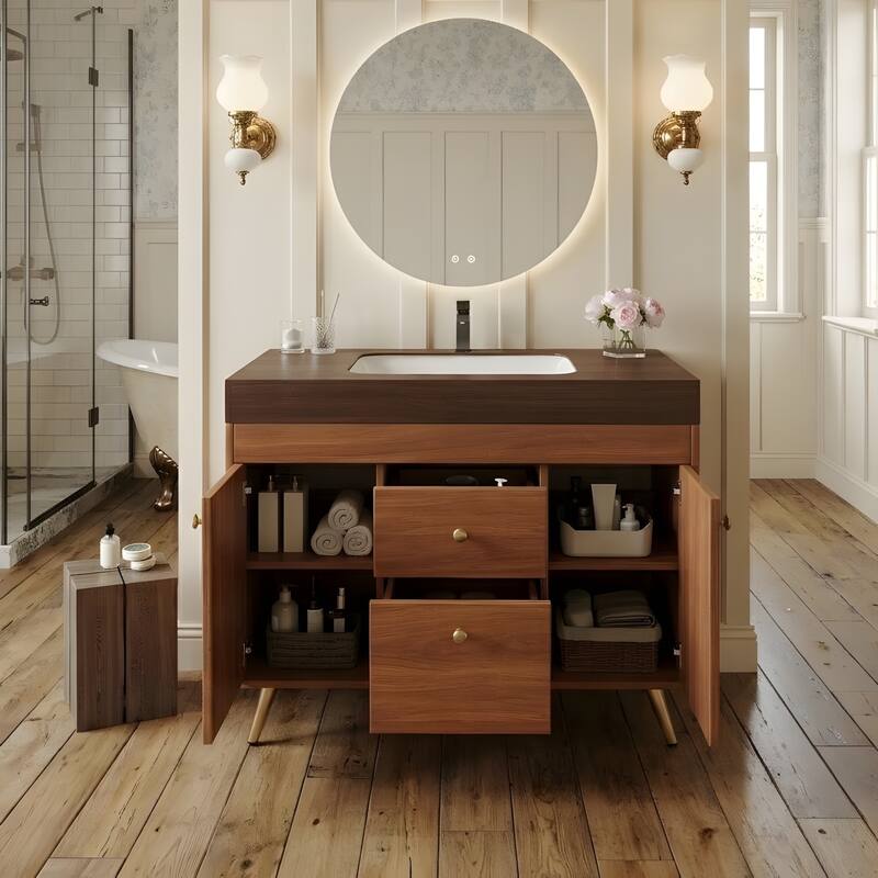 36" Modern Freestanding Bathroom Vanity with Sintered Stone Top, Ceramic Sink & Smart Storage