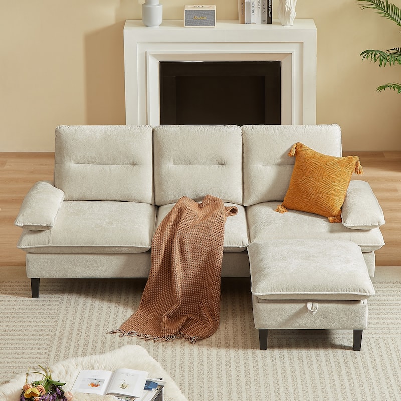 86.22" Chenille L Shaped Sofa With Ottoman
