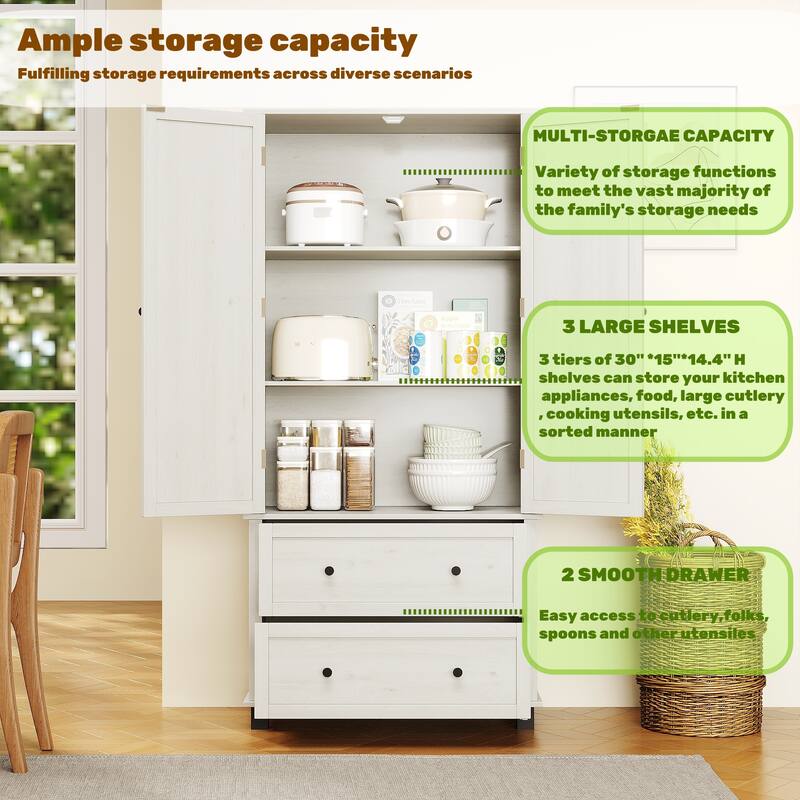 70" Tall Kitchen Pantry Cabinet with 2 Drawers and 3 Shelves
