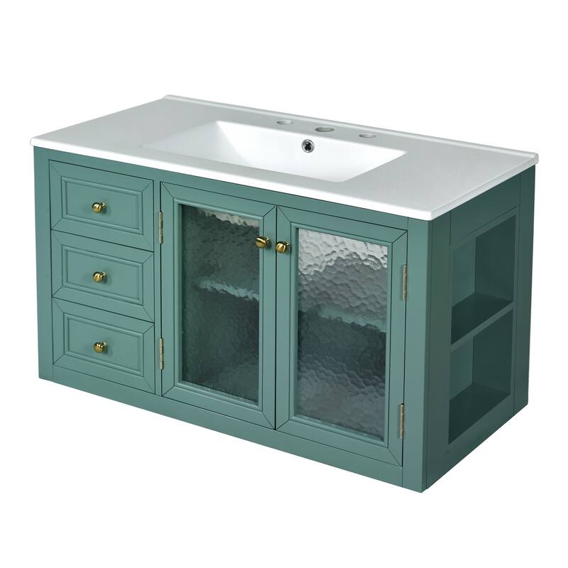 GDFStudio 36'' Wall Mounted Bathroom Vanity with Ceramic Sink, Floating Bathroom Storage Cabinet with 3 Drawers