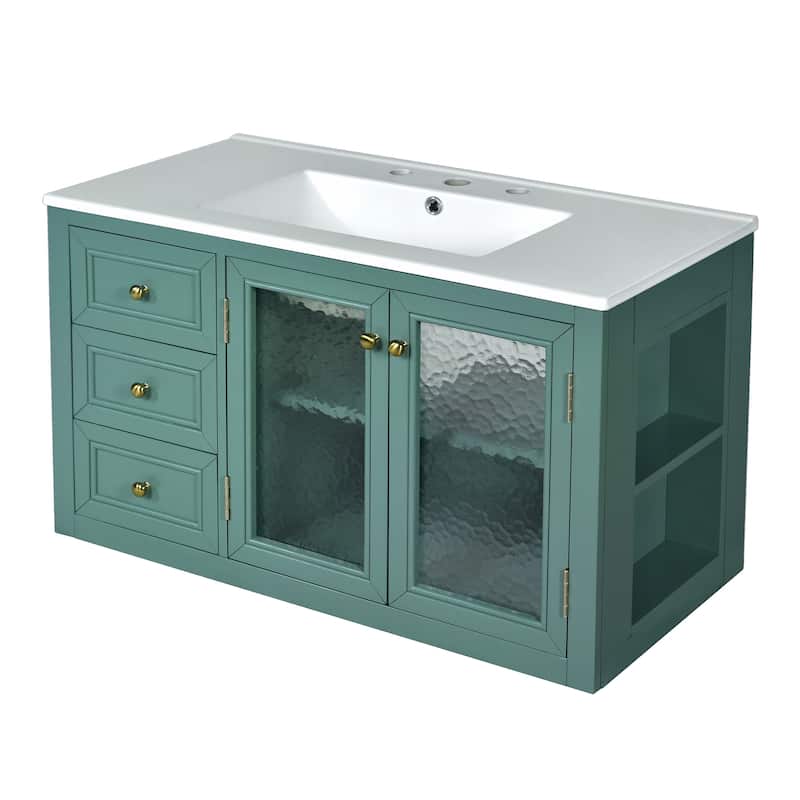 Roomfitters 36" Floating Vanity with Ceramic Sink, Wall Mounted Cabinet with 3 Drawers, Solid Wood Frame Design, Green