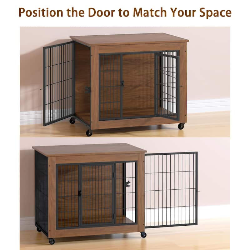 32.5" Dog Crate Furniture with Wheels for Small Dogs, Heavy Duty Dog Kennel Indoor with 2 Doors, Dog Cage for Anxiety Dog