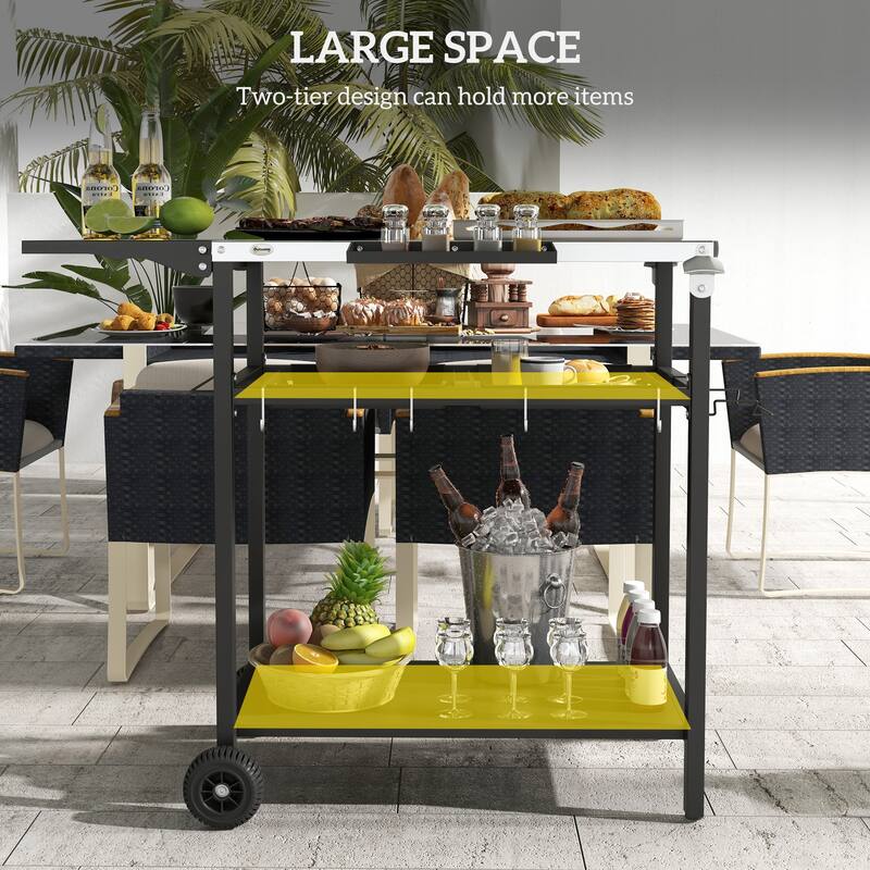Outsunny Outdoor Bar Table with Stainless Steel Tabletop, Outdoor Kitchen Island with 2-Tier Shelf with Wheels, Patio Serving